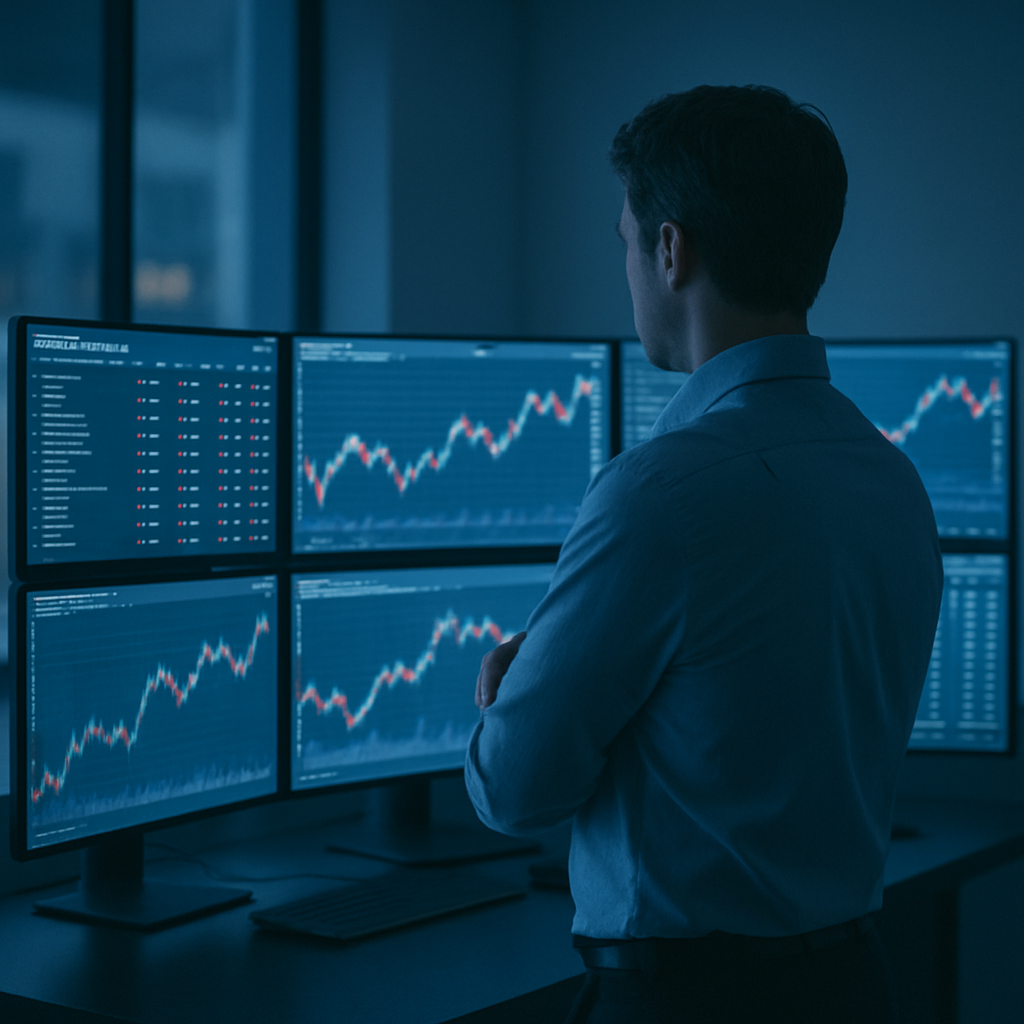 Person vor Monitoren mit Charts